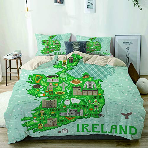 QINCO Bettwäsche-Set,Mikrofaser,Beige,Karte von Irland Reisen mit irischen Schlössern Menschen Symbole traditionelles Essen,1 Bettbezug 200x200 + 2 Kopfkissenbezug