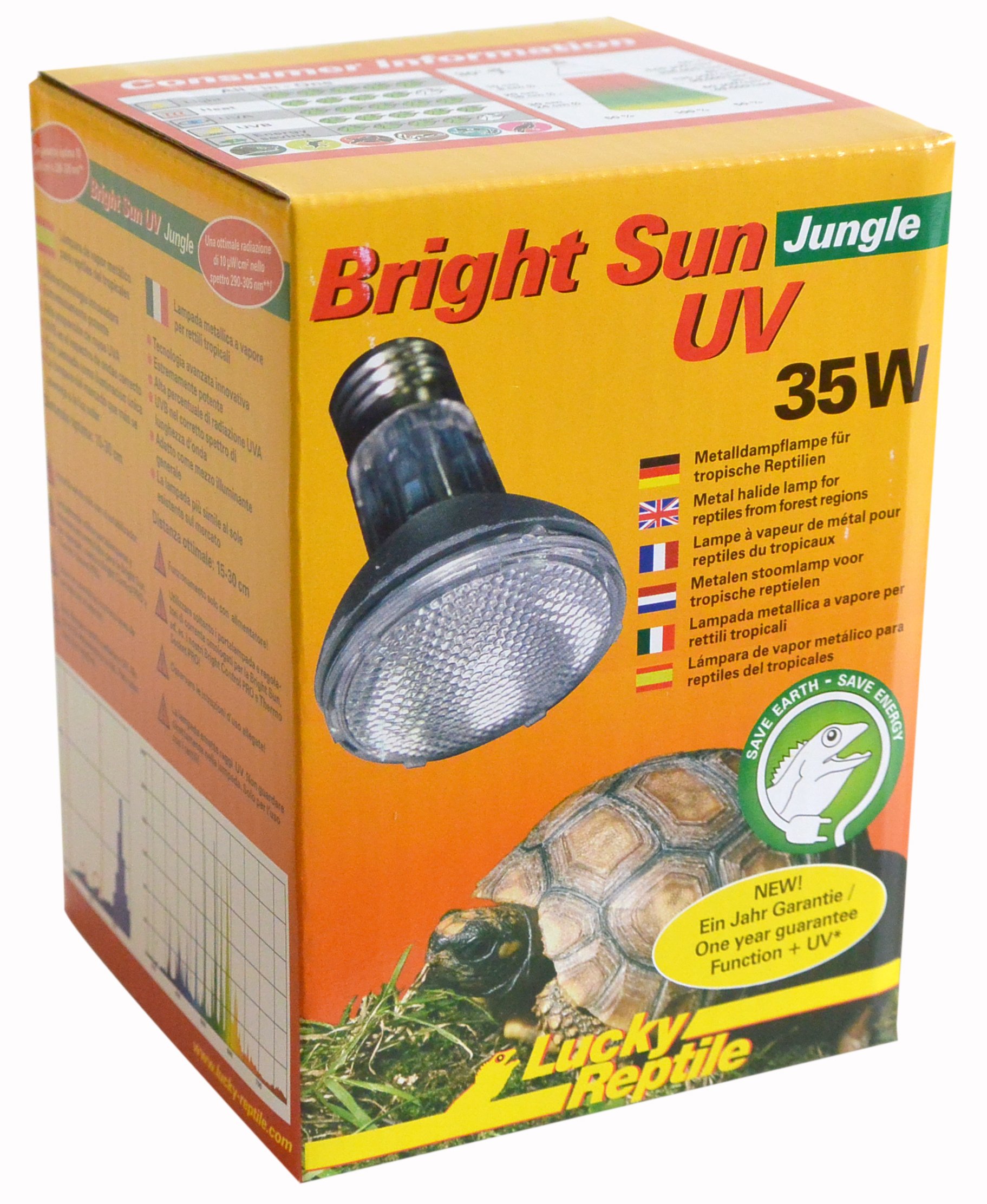 Lucky Reptile Bright Sun UV Jungle - 35 W Metalldampflampe für E27 Fassungen - Terrarium Lampe mit Tageslichtspektrum - Wärmelampe mit UVA & UVB Strahlung - UV Lampe für tropische Reptilien