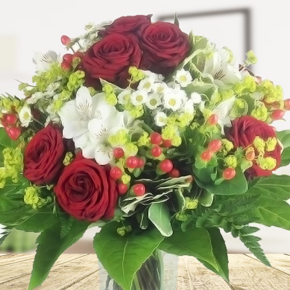 Großer rot-weißer XXL Premiumblumenstrauß - 10 großblütige rote Edelrosen, Hypericum, Alstromerien und Santinis - Blumenversand Rosenbote - Inklusive gratis Grußkarte