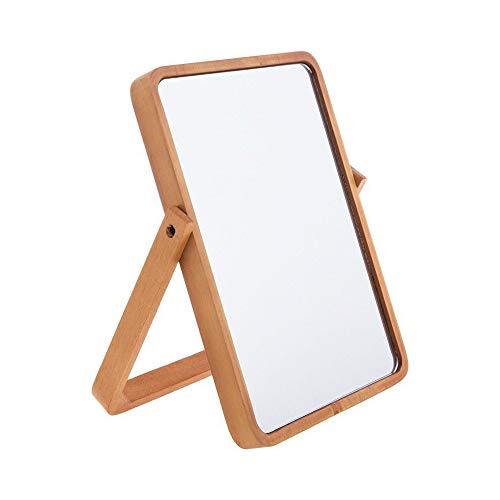 Hosoncovy verstellbarer Holzrahmen Tischspiegel mit Ständer Desktop-Spiegel mit Ständer Kosmetikspiegel Kosmetikspiegel Klappbare HD-Rechteck Freistehender Badezimmerspiegel Wandspiegel (Gelb)