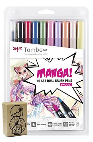 Tombow ABT-10C-MANGA2-ST Manga-Set aus 10x Fasermaler ABT Dual Brush Pens + Manga-Stempel