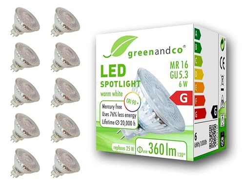 10x greenandco® CRI90+ 3000K 110° LED Spot ersetzt 45W GU5.3 MR16, 6W 470lm warmweiß 12V AC/DC, flimmerfrei, nicht dimmbar, 2 Jahre Garantie