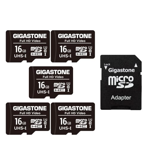 Gigastone 16GB MicroSDHC Speicherkarte 5er-Pack + SD Adapter, für Action-Kamera, GoPro, Drohne und Tablet, Lesegeschwindigkeit bis zu 85MB/s, Full HD-Videoaufnahme, Micro SD Karte UHS-I Klasse 10 U1