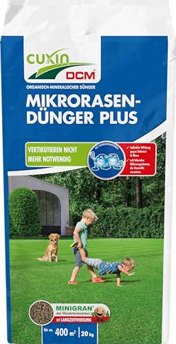 Cuxin DCM Mikro-Rasendünger Plus, Vertikutieren Nicht mehr notwendig, NPK-Dünger 10-3-18, 20 kg für bis zu 400 m²