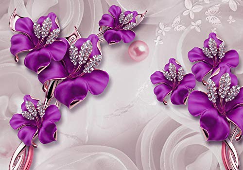 wandmotiv24 Fototapete Violett Abstrakte Blumen XL 350 x 245 cm - 7 Teile Fototapeten, Wandbild, Motivtapeten, Vlies-Tapeten Schmetterlinge, Diamanten, Modern M2006
