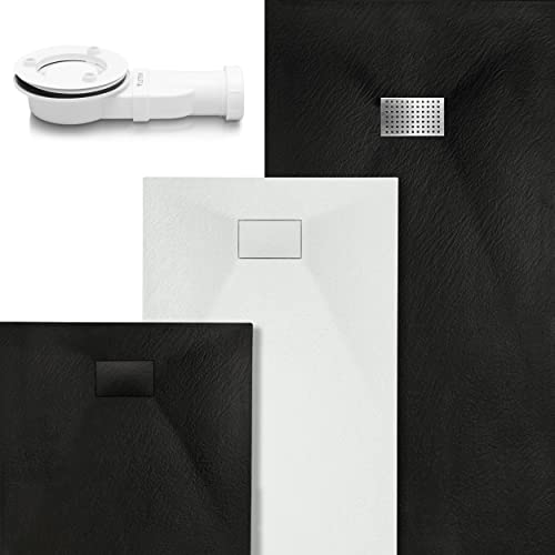 VILSTEIN Design Duschwanne | Antirutsch Duschtasse | flach | Steinoptik | inkl. SMC Abdeckung | 140x90 cm | Schwarz