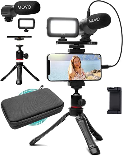 Movo iVlogger- iPhone/Android kompatibles Vlogging Set Telefon Video Set Zubehör: Handy-Stativ, Handy-Halterung, LED-Licht und Shotgun-Mikrofon für Handy-Videoaufnahmen für YouTube, Vlog