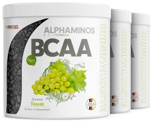 BCAA Pulver 3x300g TRAUBE - Testsieger - ALPHAMINOS BCAA 2:1:1 - Das ORIGINAL von ProFuel - Essentielle BCAA Aminosäuren - Unfassbar leckerer Geschmack - 100% vegan - Top Löslichkeit - Laborgeprüft