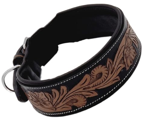 Leder Halsband Blair Lederhalsband Breit M L XL punziert Blumen Schwarz Braun Hundehalsband unterlegt (M)