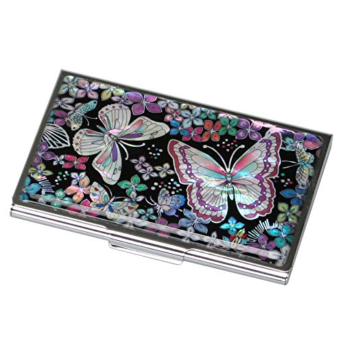 Antique Alive Perlmutt-Design RFID-blockierender Schutz Visitenkartenetui Kreditkartenetui aus Metall Edelstahl graviert schlanke Geldbörse Tasche Bargeld Geld Brieftasche, Blume Schmetterling