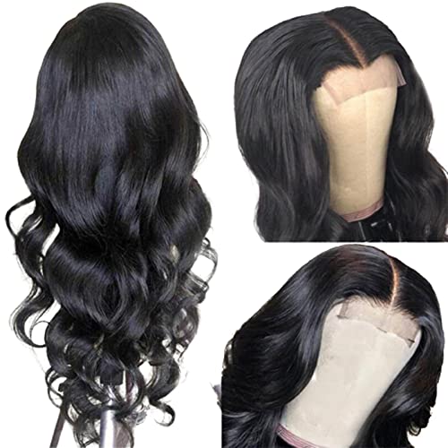 Schwarze Damenperücke mit 4 × 4-Spitzenverschluss, 150% Dichte, natürlicher Haaransatz, mittlerer Scheitel, große, gewellte, lange Locken, schwarz Black,14 inches
