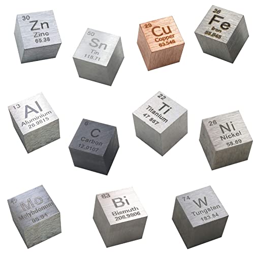 GOONSDS Elementwürfel - Set von 11 Metalldichtewürfeln Inklusive Zink Zinn Kupfer Eisen Aluminium Kohlenstoff Titan Nickel Molybdän Wismut Wolfram für Sammlungen und Labor