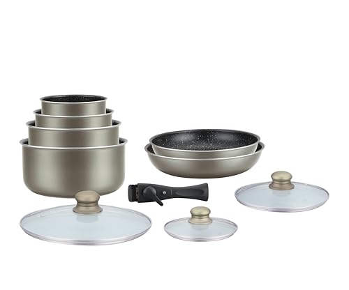 Herzberg Cookware Set - Induction Pot Set - All Heat Pot and Pan Set - Stone Coating Cookware Set with Removable Handle 10 Pieces HG-5000 Carbon