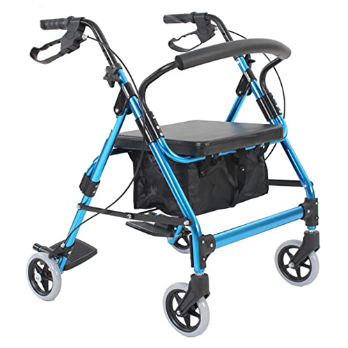 Faltbarer Rollator mit Sitz All Terrain, Rollator für ältere/behinderte Menschen mit Fußstütze und Rückenlehne und Bremsen, Outdoor-Gehhilfe/Schritthilfe, Blau