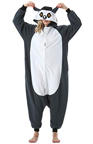 ULEEMARK Damen Jumpsuit Onesie Tier Fasching Halloween Kostüm Lounge Sleepsuit Herren Cosplay Overall Pyjama Schlafanzug Erwachsene Unisex Lemur for L