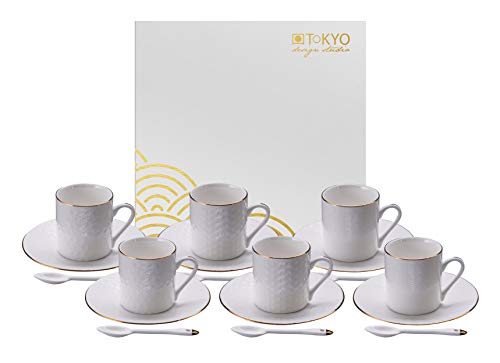 TOKYO design studio Nippon White Espresso-Set weiß, 18-TLG, mit Gold-Rand, 6X Espresso-Tassen mit Untertassen und Löffeln, asiatisches Porzellan, Japanisches Design, inkl. Geschenk-Verpackung