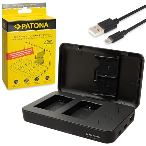 PATONA Dual Ladegerät mit Powerbank Funktion und Speicherkarten Aufbewahrung Kompatibel mit Sony NP-FW50 Akkus