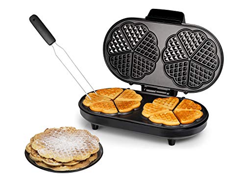 Doppel Waffeleisen 10 dünne herzförmige Waffeln 2x Ø16cm Herzchen Waffelbäcker 1200 Watt mit Waffelgabel zum leichten Entnehmen der Herzwaffeln