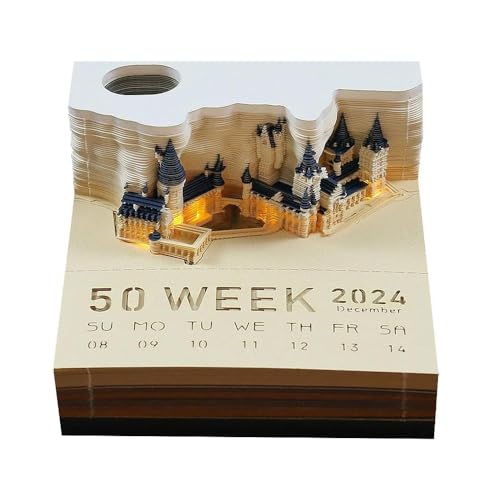 3D kalender Abreißen 2024,3D-Notizblock mit Licht und Stifthalter,2024 Tischkalender-Notizblock, DIY-Notizen,3D-Haftnotizen,kreatives Papierskulptur-Bastel-DIY-Geschenk (01-Kalender)