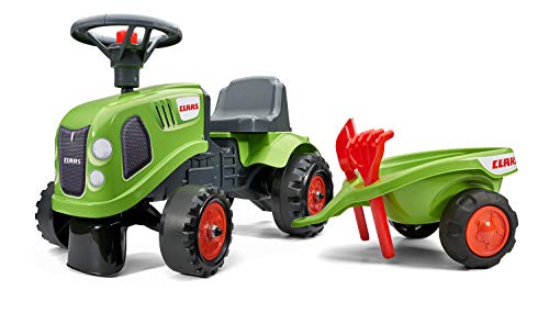 Falk Traktor Claas mit Anhänger – ab 12 Monaten Schaufel und Rechen inklusive – 2 Styles zur Personalisierung – Nummernschild personalisierbar – 212C