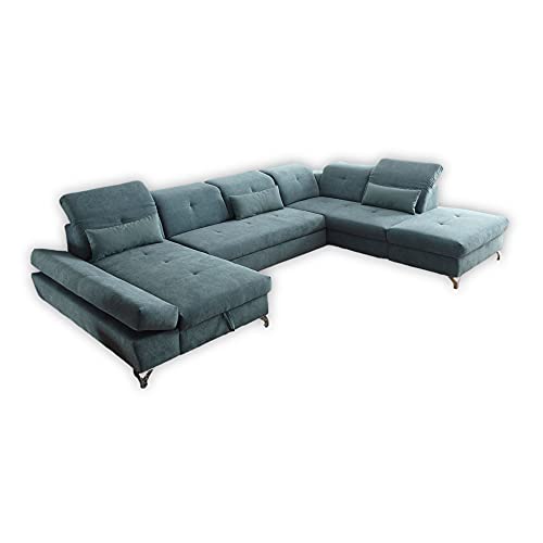 MELFI Wohnlandschaft in U-Form, Stoffbezug Grün - Ausziehbares Sofa mit Schlaffunktion & Bettkasten - 350 x 73 (96) x 245 cm (B/H/T)