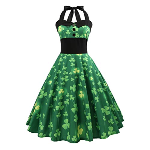 Amosfun Vintage 50Er Jahre Kleid St. Patricks Day Shamrock Kleid Grün Shamrock Ärmelloses Kleid Prom Swing Kleider XXL