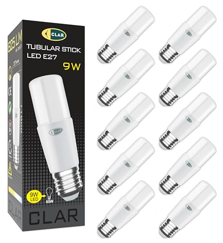 CLAR - E27 LED Lampe Stabform 9W Leuchtmittel E27, Energiesparlampe E27, LED Energiesparlampe, E27, Lampe Aussenbereich, LED Längliche Glühbirne E27 9W E27 Kaltweiß 6000ºK (Pack 10)