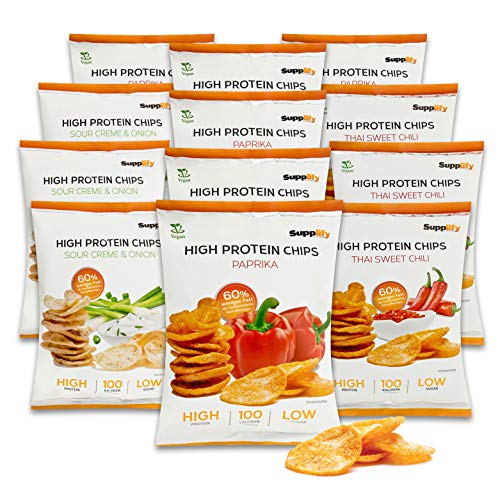 Supplify Protein Chips - Eiweiß Snack zum Abnehmen oder Muskelaufbau - die leckere Alternative zu Protein-Pulver oder -Riegel (Mix-Box, 50 g (12er Pack))