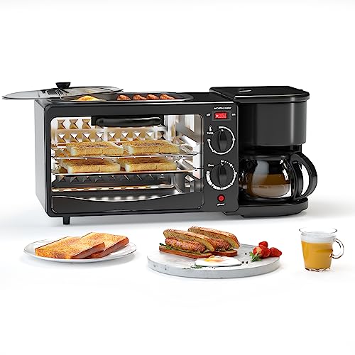 Frühstücksmaschine, Toaster mit Kaffeemaschine, Tragbarer Ofen-Brot Frühstücksmaschine mit Timer, Toaster Ofen mit Bratpfanne für Eierspeck Sandwich