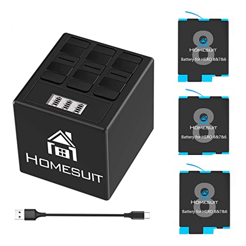 Homesuit Akku (3 Pack) und 3 Kanal LCD USB Ladegerät für GoPro Hero 8 Black, Hero 7, Hero 6 Black mit Typ-C USB Kabel
