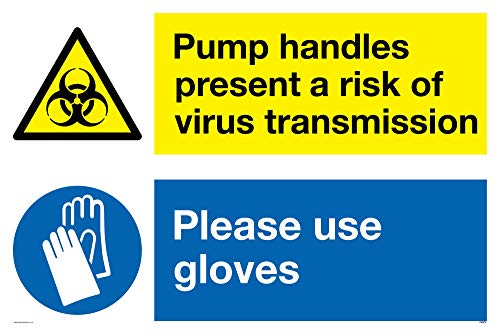 Schild mit Aufschrift „Pump Handles present a risk of Virus transmission please use gloves“, Aluminiumverbundstoff, 3 mm