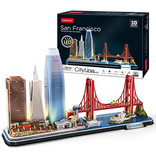 CubicFun 3D Puzzle San Francisco LED CityLine - Golden Gate Bridge, 555 California Street und andere SF Sehenswürdigkeiten Kits und Souvenirgeschenk 90 Stück