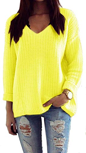 Mikos*Damen Pullover Winter Casual Long Sleeve Loose Strick Pullover Sweater Top Outwear (627) *Hergestellt in der EU - Kein Asienimport* (Gelb Neon)