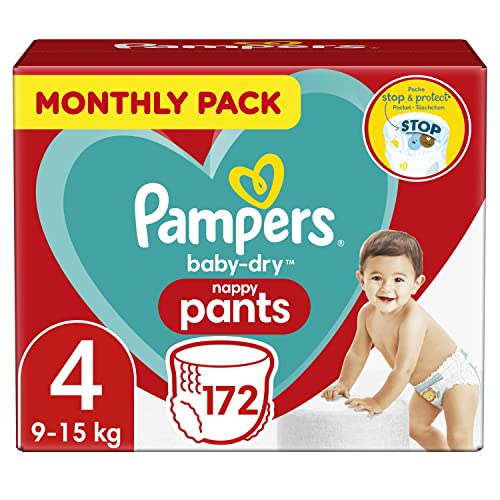 Pampers Baby-Dry Windelhose Größe 4, 172 Windelhose, 9-15kg, Monatspackung, Easy-On mit Luftkanälen für bis zu 12 Stunden atmungsaktive Trockenheit