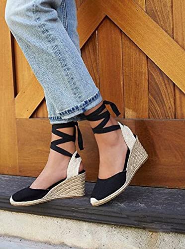 QAZW Damen Espadrilles Gemacht, Hohe Keile, Ledersandalen,Black-39