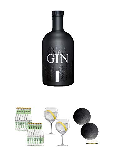 Black Gin Gansloser Deutschland 0,7 Liter + Fever Tree Elderflower Tonic Water 12 x 0,2 Liter + Spiegelau Gin & Tonic 4390179 2 Gläser + Schiefer Glasuntersetzer RUND ca. 2 x 9,5 cm Durchmesser