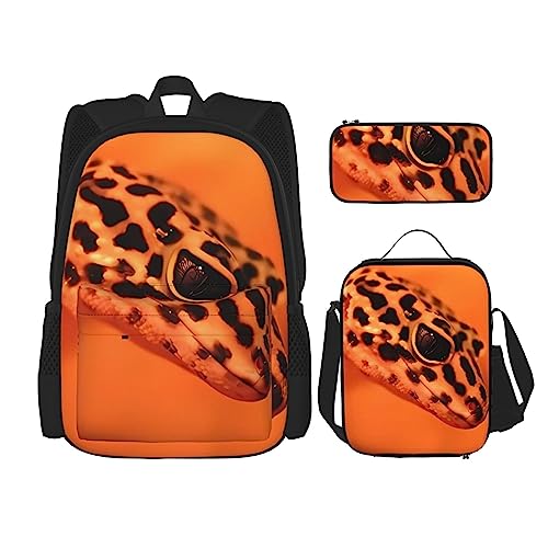 PartyUnix Leopard Little Gecko Rucksack 3-teilig Schulranzen mit Brotdose und Federmäppchen Set =>> geeignet für Jungen und Mädchen, Schwarz , Einheitsgröße, Kinderrucksack