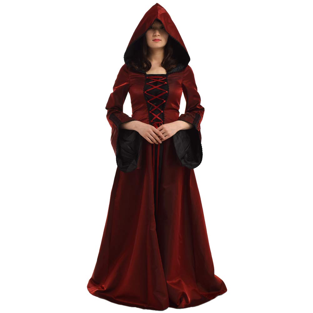 BLESSUME Vintage Kleid Mit Kapuze Gothic Damen Costume Lange Ärmel (Burgund, XL)