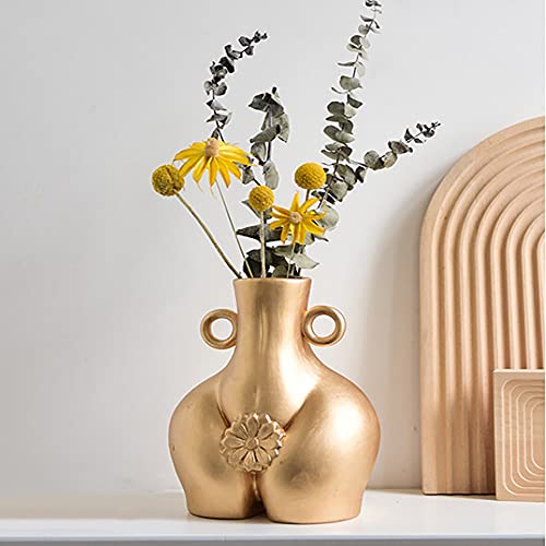 Keramik Human Body Art Vase, moderne Haus getrocknete Blumendekoration Minimalistische Vase Seitenringgriff für Wohnzimmer Home Desktop Dekoration,Gold-L
