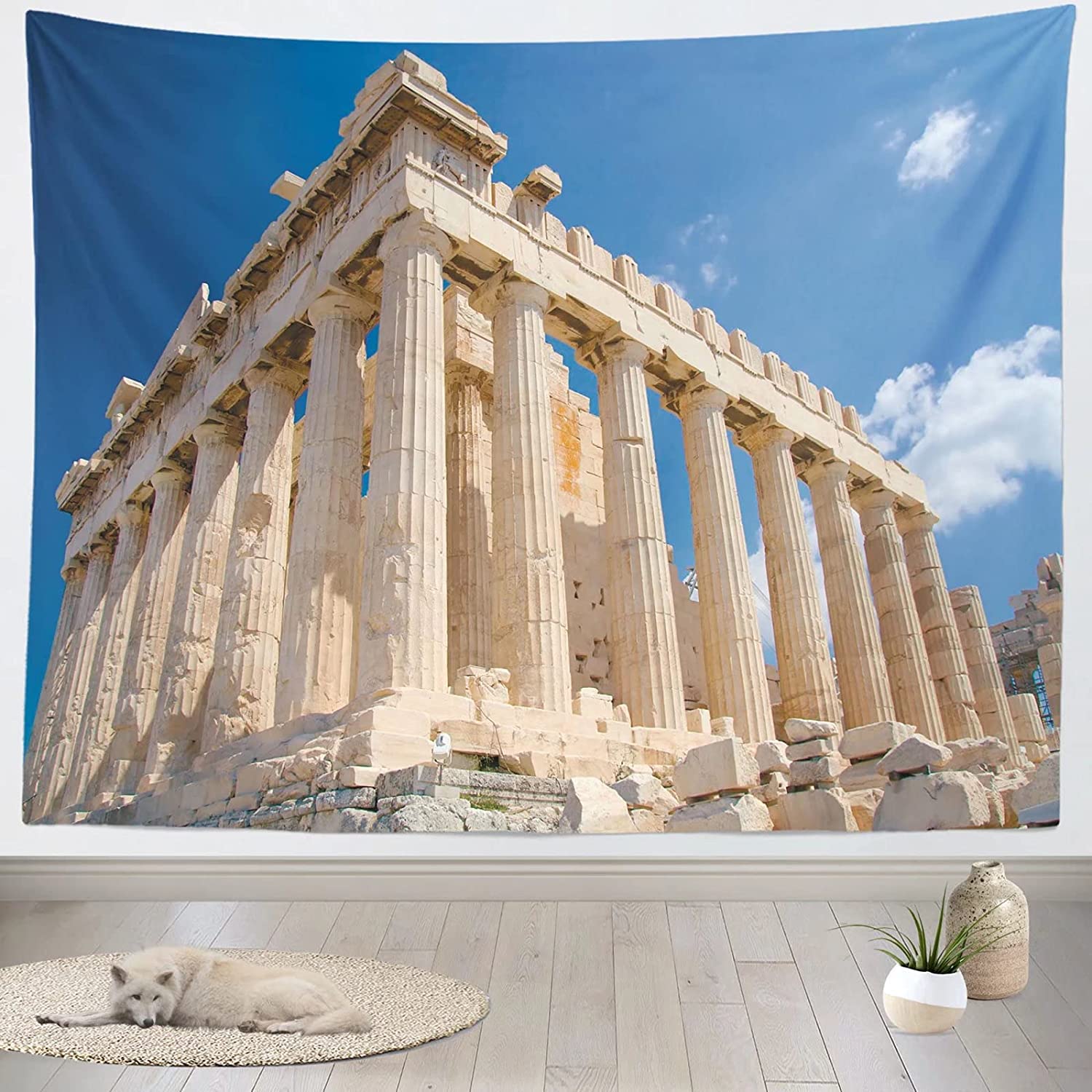 Wandkunst, 200 x 200 cm, Stoff, griechischer Hintergrund, antike Akropolis, Parthenon, Säulen, Bilder, Wahrzeichen, Kunst, groß, Kinder, Jugendliche, Erwachsene, Wohnzimmer, Schlafzimmer, Schlafsaal