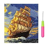 HuaHong Knüpfteppich Zum Selber Knüpfen, Großer Teppich Knüpfen Kreuzstich Set für Kinder Erwachsene, Knüpfkissen Knüpfpackung, 110 x 95 cm (Color : Large Sailboat)