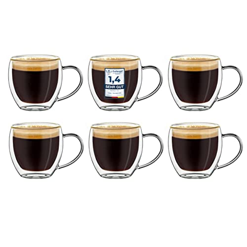 Creano doppelwandige Espresso-Gläser mit Henkel, 6er-Set 100ml, Mokkatassen, Thermo-Gläser mit Schwebe-Effekt