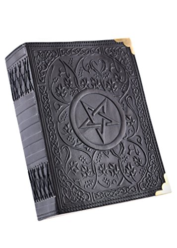 Notizbuch mit Pentagramm-Muster, Schwarz, ca. 23 x 18 cm - echtes Leder - Tagebuch - Lederbuch - handgeschöpftes Papier ca. 480 Seiten - Mittelalter - Wikinger - LARP