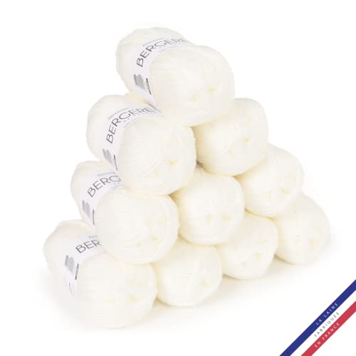 Bergère de France - BARISIENNE, Wolle set zum stricken und häkeln (10 x 50g) - 100% Acryl - 4 mm - Sehr weicher Rundfaden - Weiß (MELISSE)