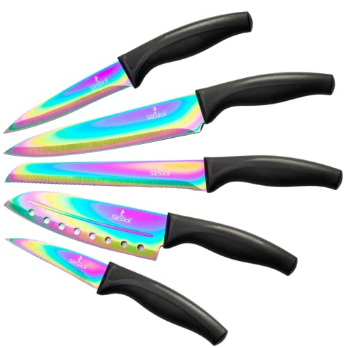 SiliSlick Messerset, 5 Scharfe Küchenmesser als Set zum Kochen, Hochwertige Klingen aus Edelstahl, Titanbeschichtung mit Regenbogeneffekt, Ergonomische Griffe, Schwarzer Griff