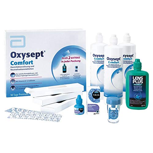 AMO Oxysept Comfort 90 Tage Premium Pack – Peroxid-System zur besonders schonenden Reinigung weicher Kontaktlinsen – Desinfektionslösung, Neutralisationstabletten, Kochsalzlösung u. v. m.