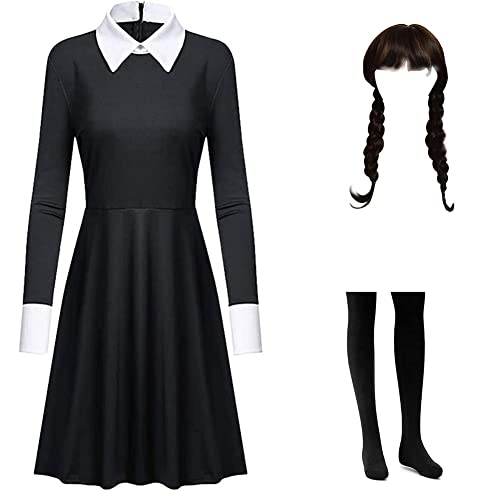 Wednesday Addams Kostüm Kleid Damen Mädchen Karnival Kosplay Schwartz Kleid Gothic Uniform Kinder Nevermore Academy Halloween Outfit mit Things und Wig M