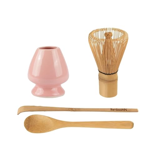 BambooMN Marke: Matcha-Grüntee-Schneebesen, Schneebesen + Schaufel + Teelöffel + rosa Schneebesenhalter