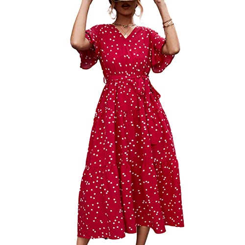 Damen Kleid, V-Ausschnitt T-Shirt Kleid Sommer Blumendruck Wickelkleid Freizeitkleid Taille Gürtel Atmungsaktives Sommer Maxikleid Swing Partykleid für Den Täglichen Gebrauch(L-Rote weiße Punkte)