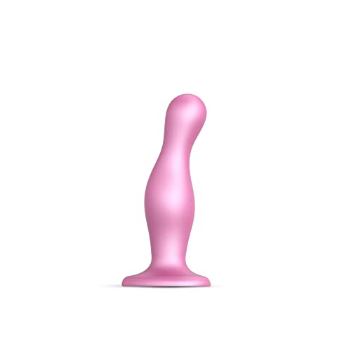 strap-on-me | Dildo / Plug "Curvy" | Hybride Produktreihe | Passt sich den Kurven des Körpers an, Asymmetrisches Design | Ultraweiches Silikon - Gurt-kompatibel - Rosa Dragée Metallic, Größe S